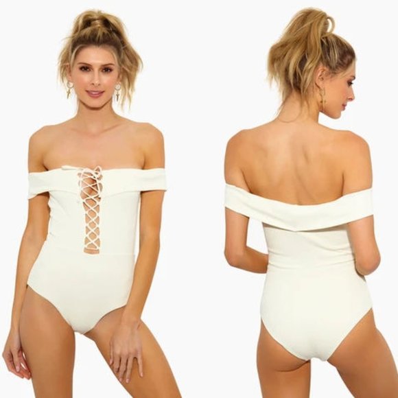 NWT L*SPACE x ANTHRO Off Shoulder Lace Up Swimsuit - Picture 6 of 14